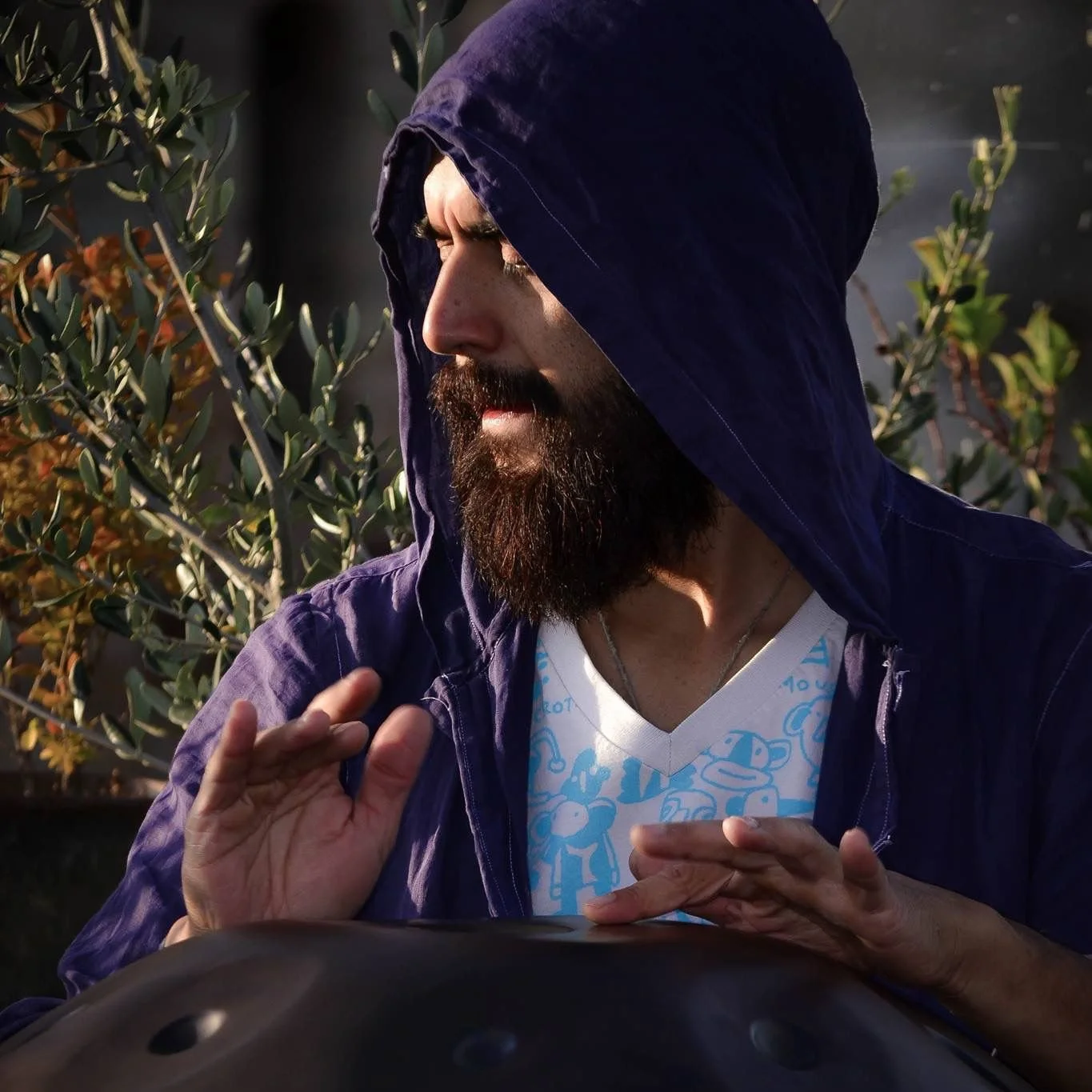 Un hombre con barba, camiseta blanca con dibujo azul y sudadera morada con capucha, está en un entorno exterior con plantas y arbustos, levantando dos manos. La luz del sol ilumina su perfil.