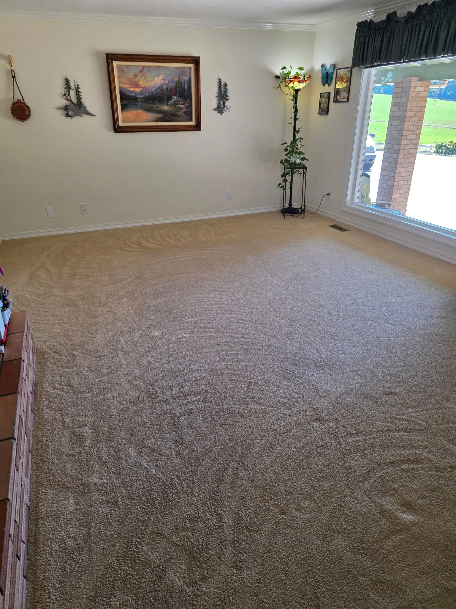 Empty living room with beige carpet, wall art, a tall plant near a window, and a framed landscape painting on the wall.