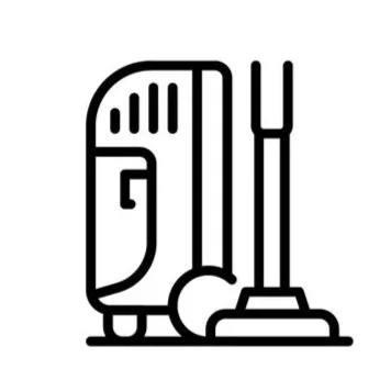 Line drawing of cleaning appliances including a vacuum cleaner, a mop, and a broom.
