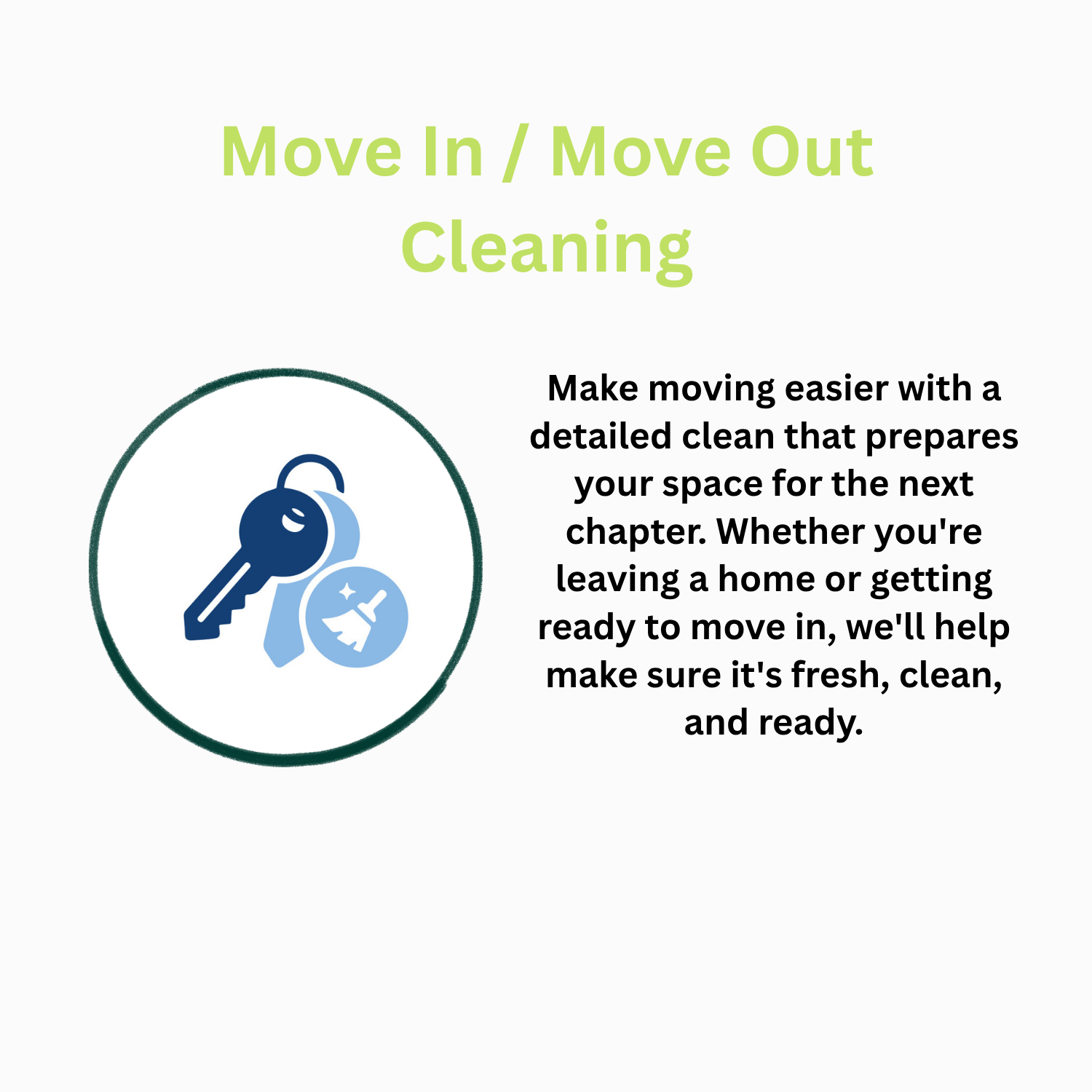 Guide for move-in and move-out cleaning, featuring an icon of keys and cleaning supplies, with text emphasizing the importance of detailed cleaning to prepare the space for the next chapter.