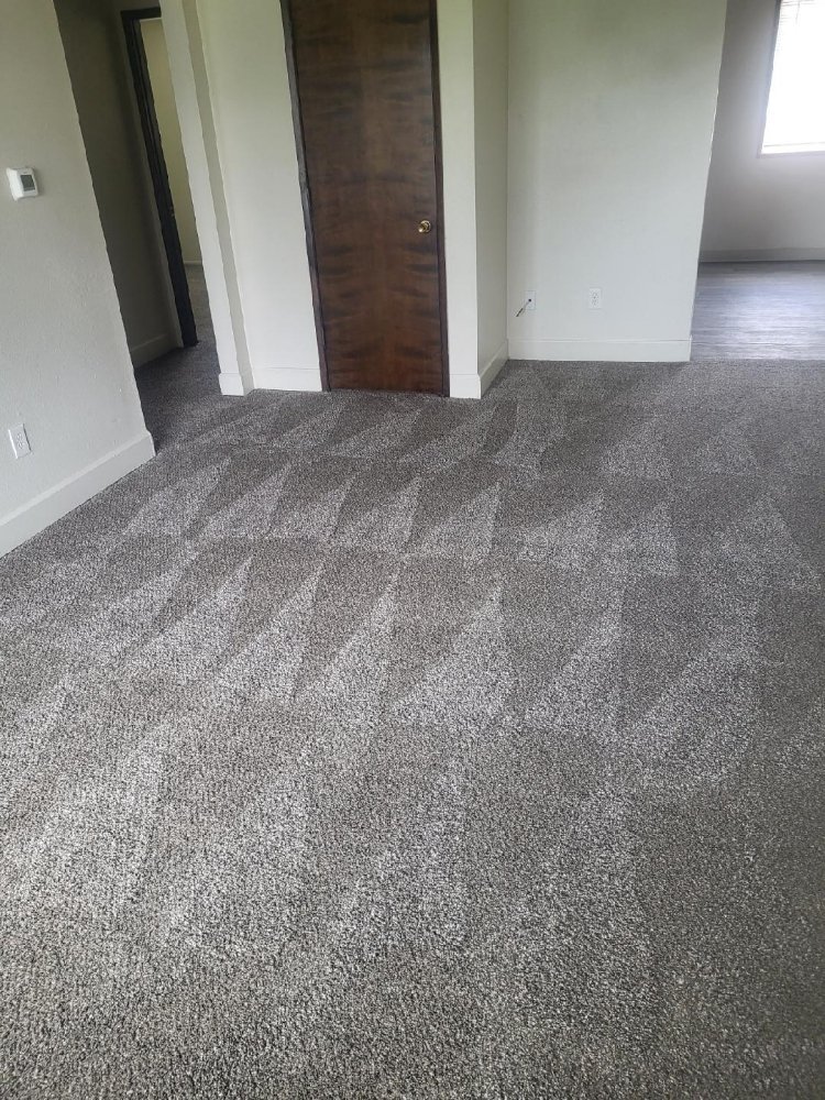 Empty room with beige walls, dark wooden door, and gray patterned carpet flooring.