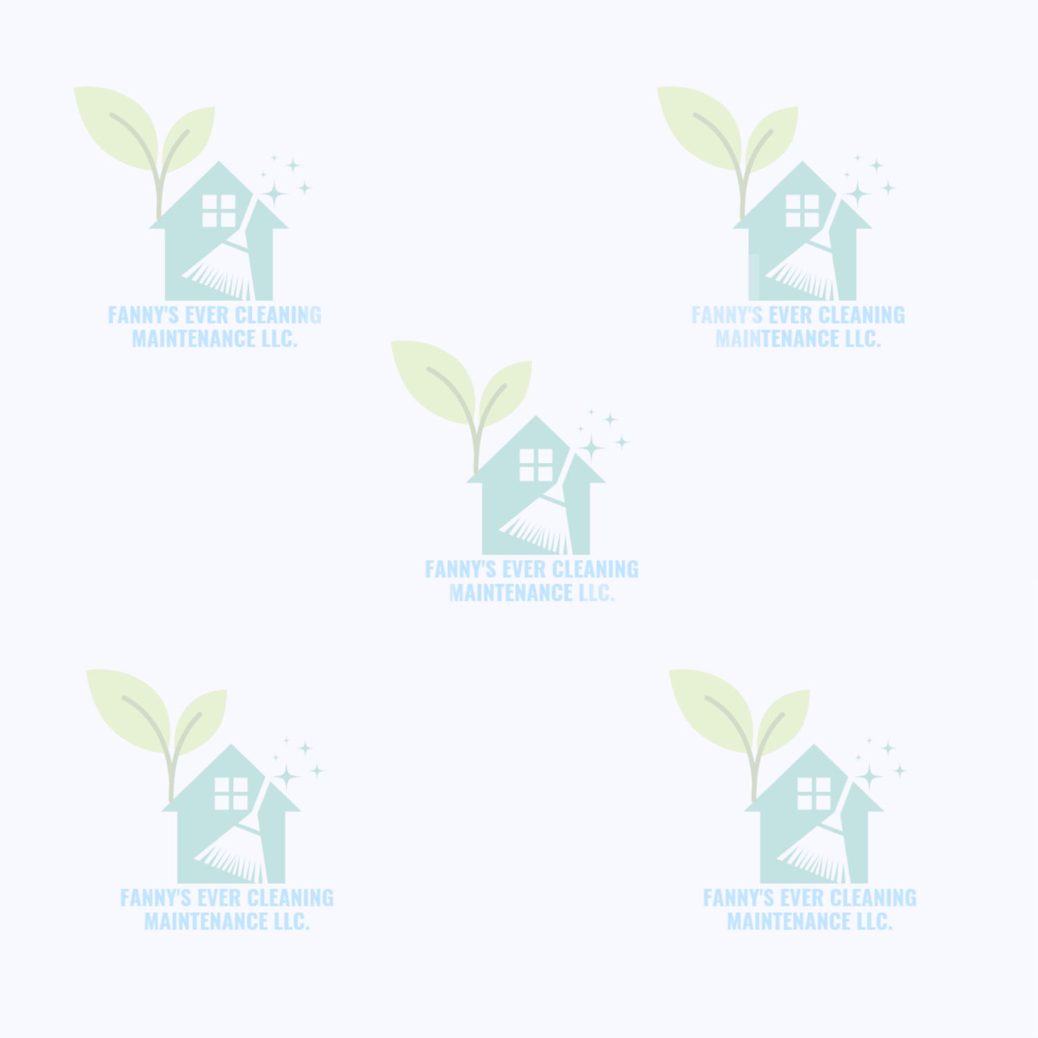 Repeating logo of Fanny's Ever Cleaning Maintenance LLC, featuring a house with a broom and a plant sprout, in light blue and green colors.