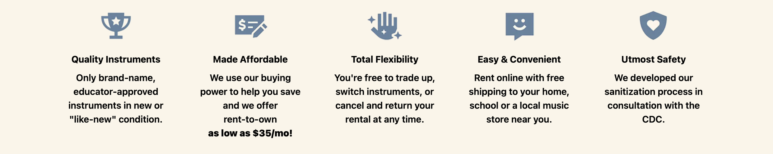A promotional image highlighting the benefits of renting musical instruments, including quality instruments, affordability, flexibility, convenience, and safety, with icons and brief descriptions.