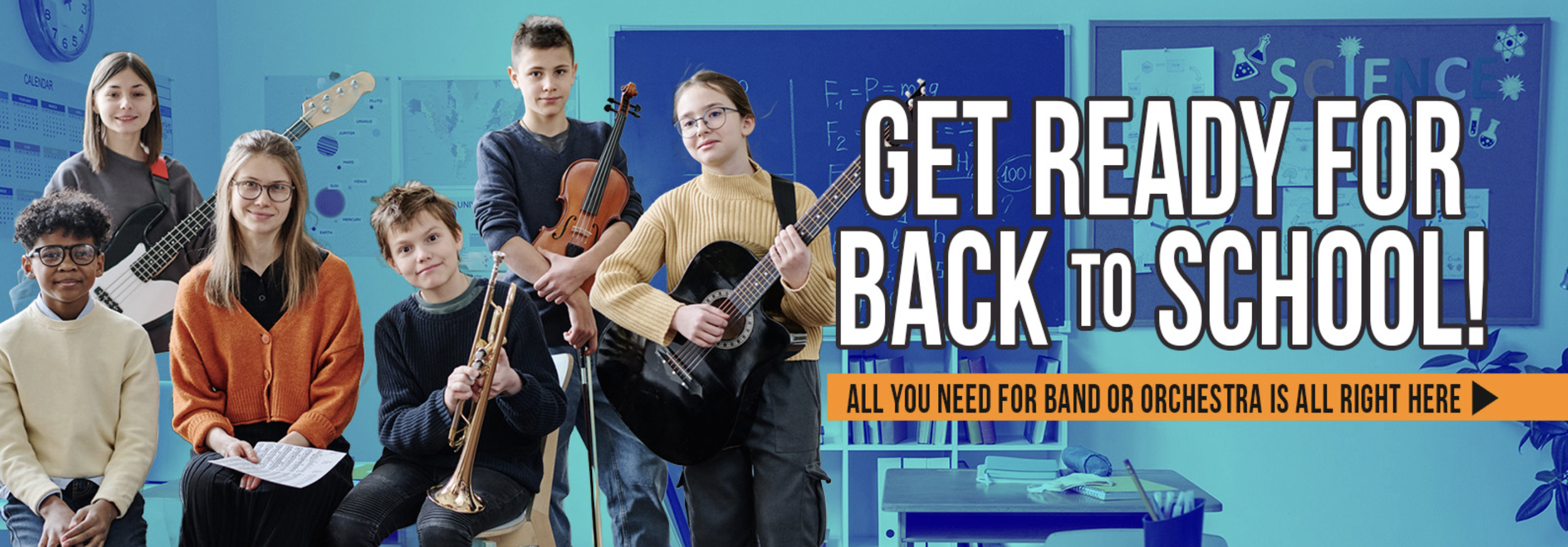 Group of diverse children in a classroom holding different musical instruments including guitar, violin, trumpet, and ukulele with a science-themed background and a banner that says 'Get Ready for Back to School! All you need for band or orchestra is all right here'.