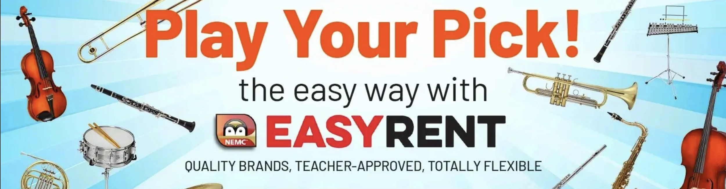 Colorful musical instruments such as violins, a trumpet, a clarinet, a flute, a drum, and a saxophone surrounding promotional text for EasyRent, a musical instrument rental service.