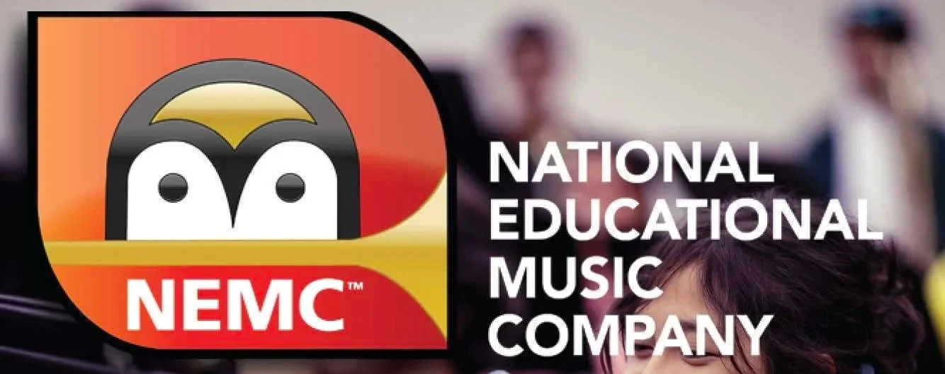 Logo of the National Educational Music Company (NEMC) featuring a stylized penguin with a yellow beak on an orange and red background, next to white text that reads "NEMC National Educational Music Company."