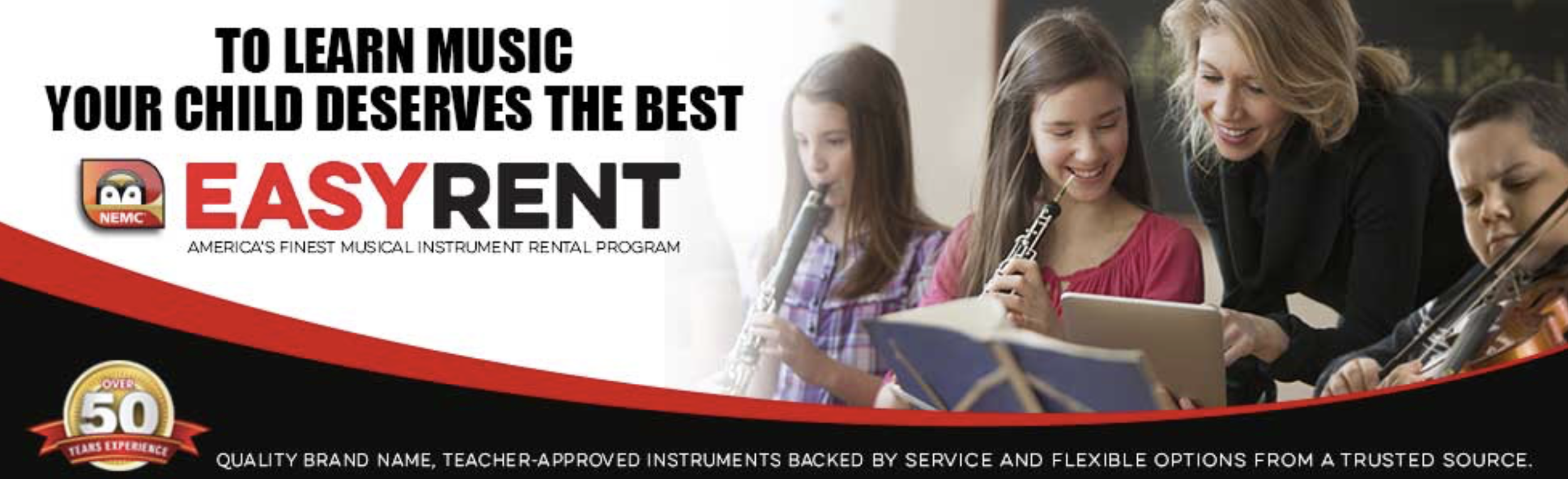A teacher instructs young students playing musical instruments, with a promotional banner for Easy Rent musical instrument rentals.