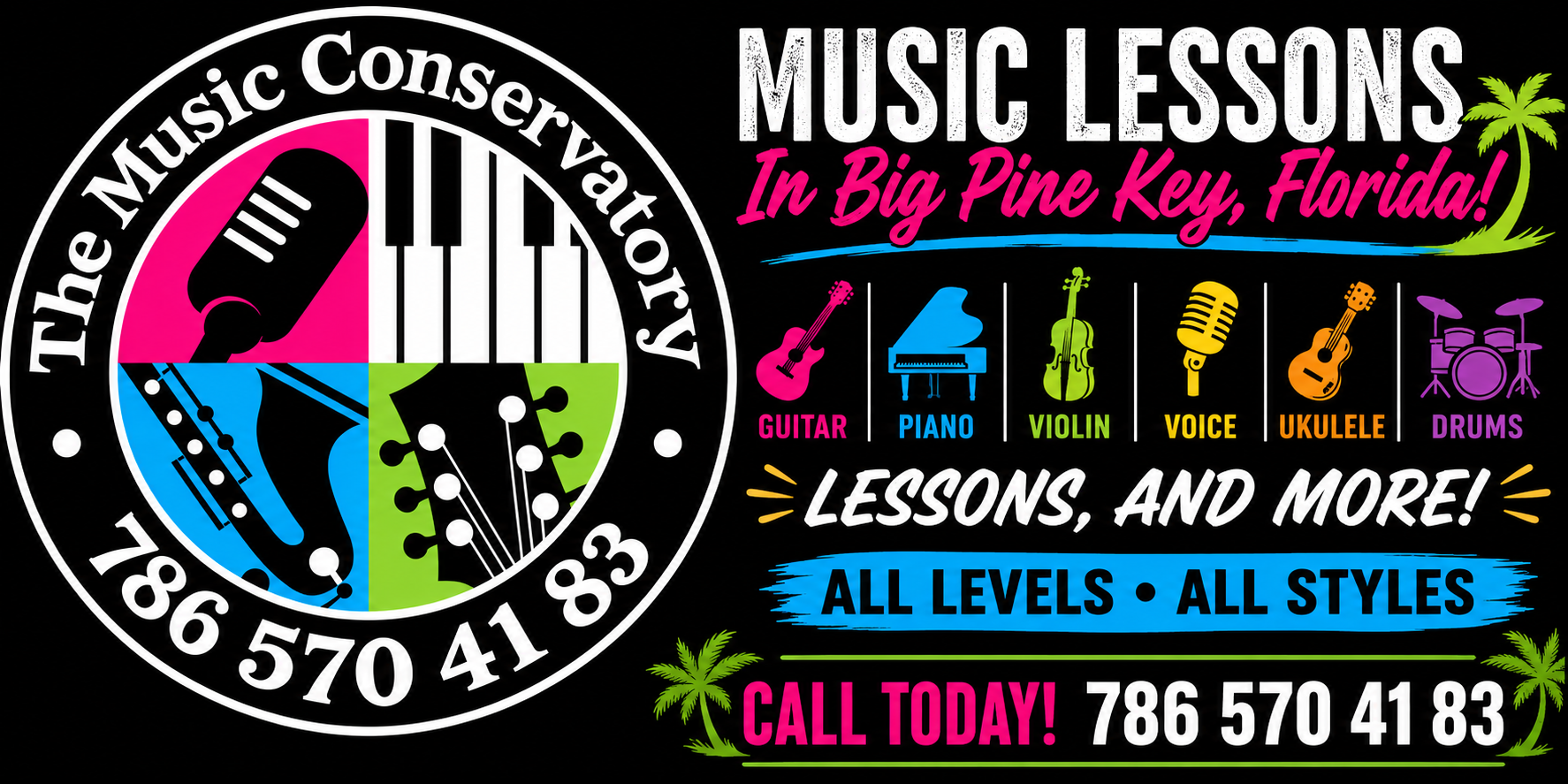 Advertisement for music lessons at The Music Conservatory in Big Pine Key, Florida, featuring icons of various instruments including guitar, piano, violin, voice, ukulele, and drums, with contact phone number.