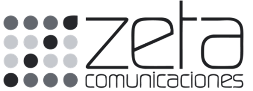 Logotipo de Zeta Comunicaciones con círculos grises y el texto en gris oscuro.