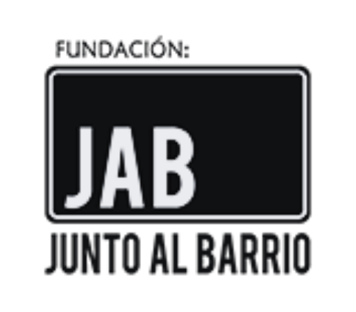 Logotipo con la palabra 'JAB' en letras grandes, rodeado por un marco, con texto superior que dice 'Fundación:' y texto inferior que dice 'Junto al barrio'.