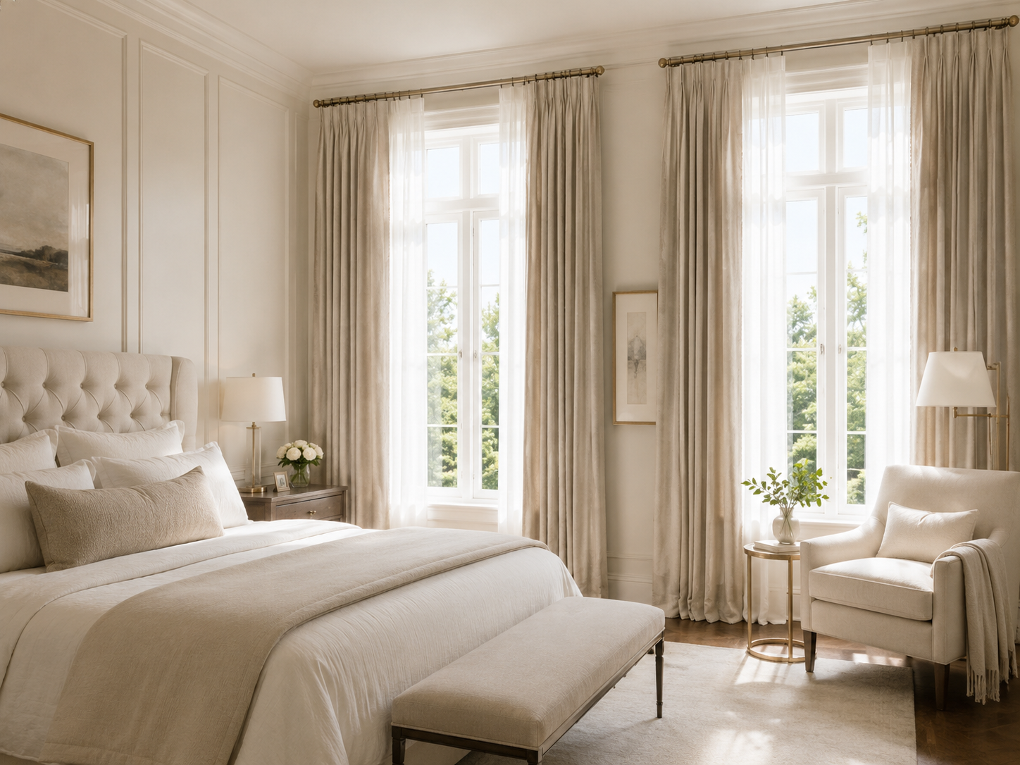 Bright and elegant bedroom with cream-colored walls, large windows draped with custom beige curtains.