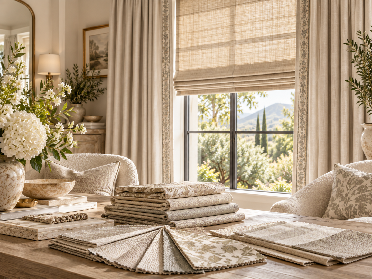 A living room interior with custom curtains, a wooden tablecloth, and fabric swatches of neutral colors and patterns.