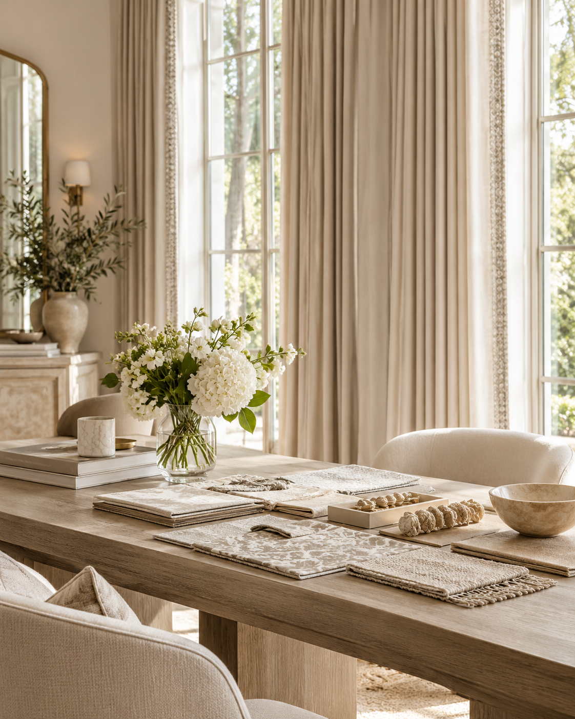 Dining room with cream curtains, fabric samples, and neutral decor.