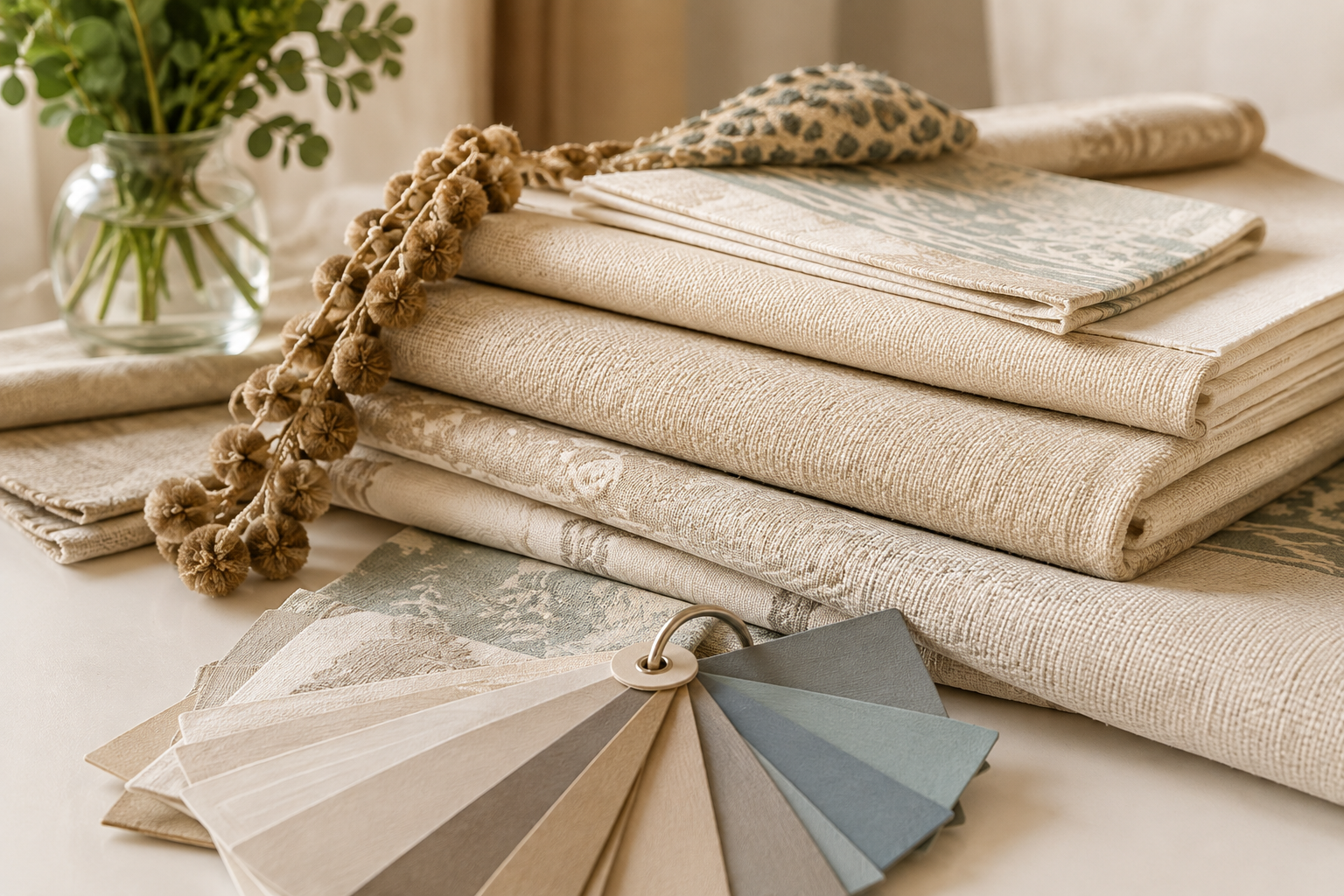 A stack of beige and cream fabric samples with a color palette fan, a small leopard-print pillow, and a glass vase with greenery in the background.
