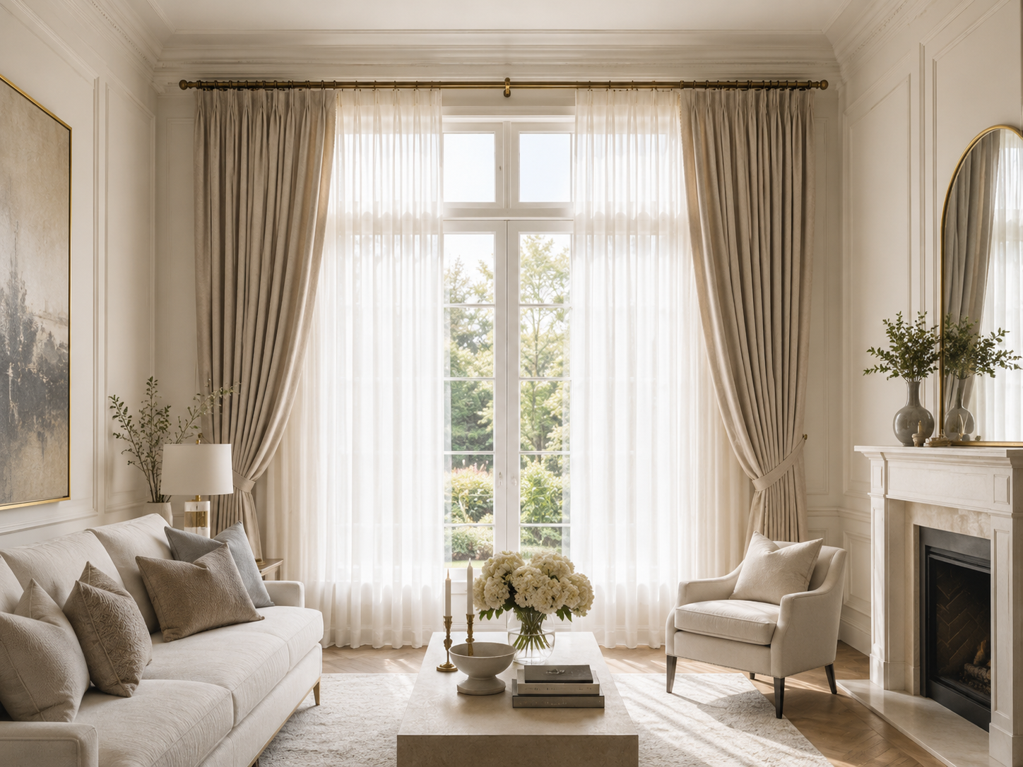 Living room with custom beige drapery and large windows.