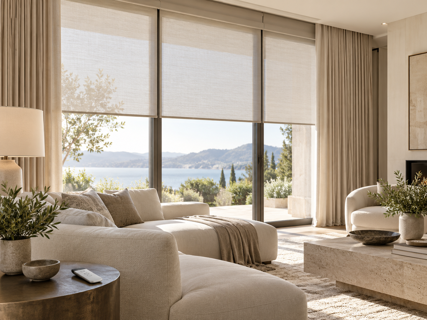 Living room with large windows, custom window treatments, and a scenic lake view.