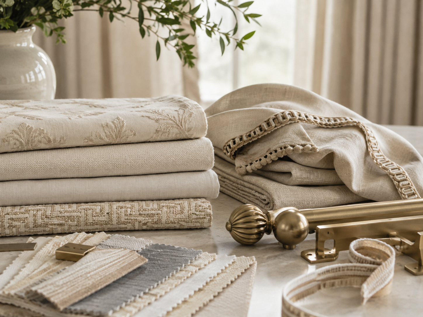 Stacked neutral-colored textiles and fabric samples on a table with decorative hardware for custom window treatments.