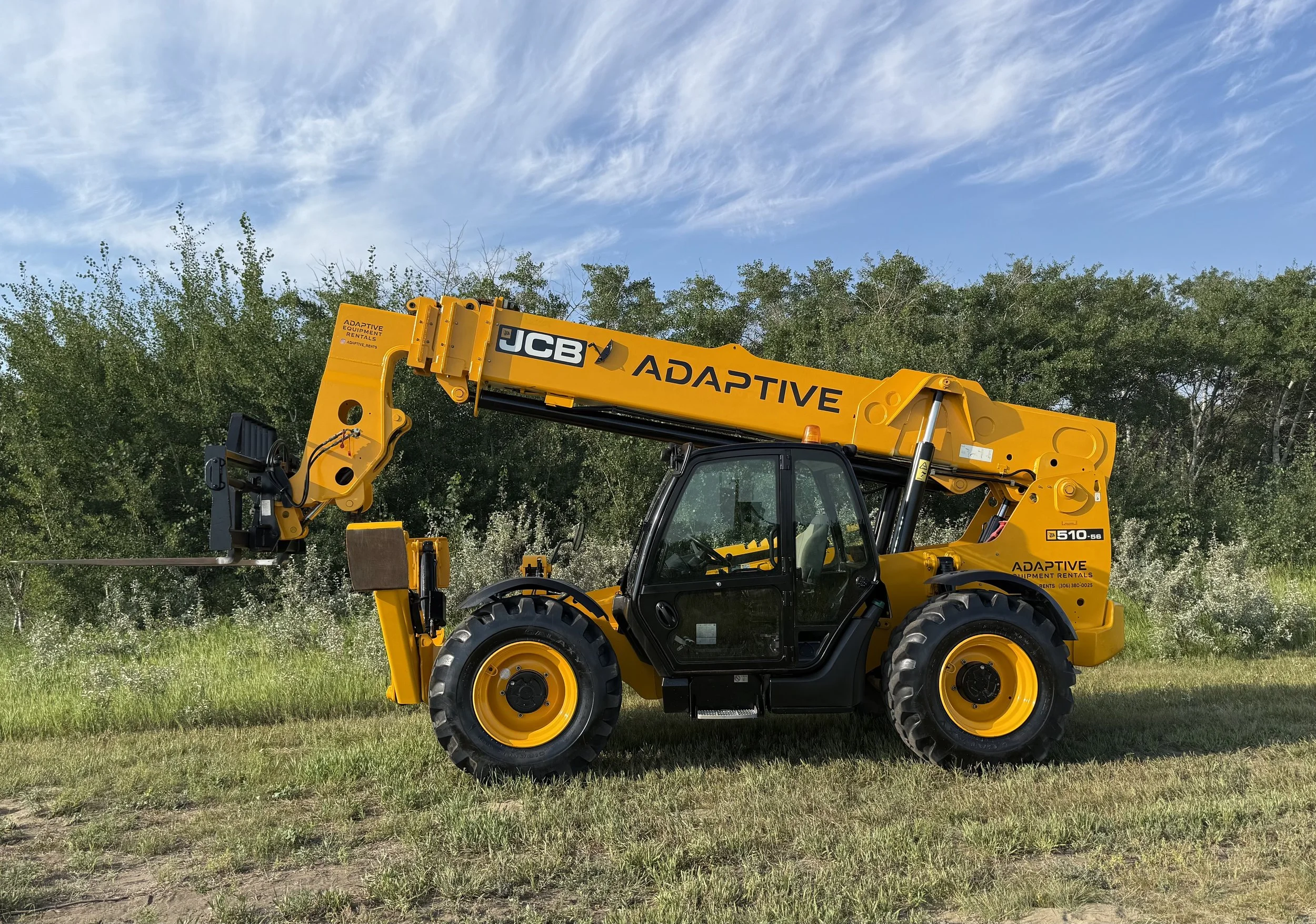 Yellow JCB 510-56 telehandler available for rent in Saskatoon