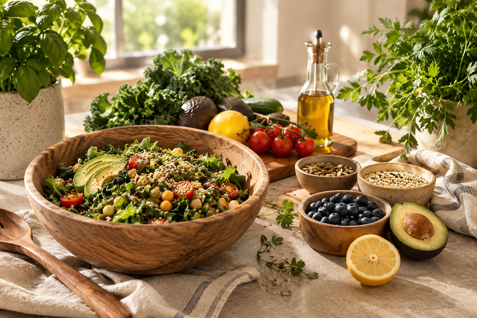 Fresh salad with avocado, cherry tomatoes, and greens on a wooden bowl, surrounded by bowls of berries, seeds, lemon, and an avocado, with fresh herbs and vegetables on a kitchen counter.