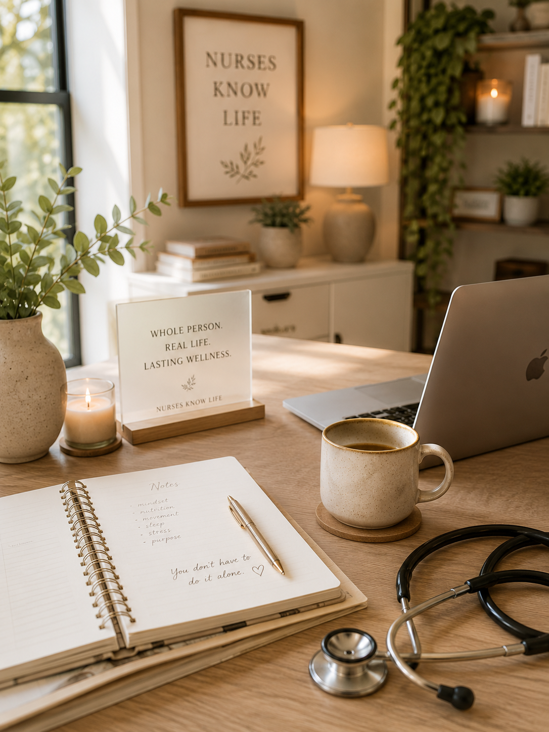 A cozy workspace with a wooden table, open notebook, pen, coffee mug, stethoscope, potted plant, sign with quote, laptop, and candles, set in a warmly lit room with framed sign and bookshelf in the background.