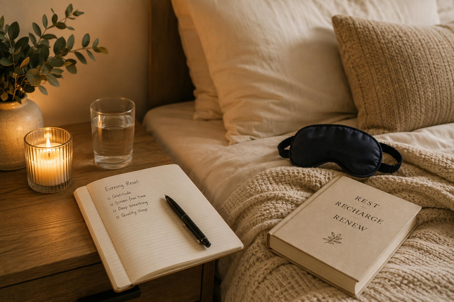 A cozy bedroom nightstand with a lit candle, a glass of water, an open gratitude journal, a black sleep mask, and a book titled 'Rest Recharge Renew' beside a bed with beige bedding and pillows, a small plant, and warm lighting.