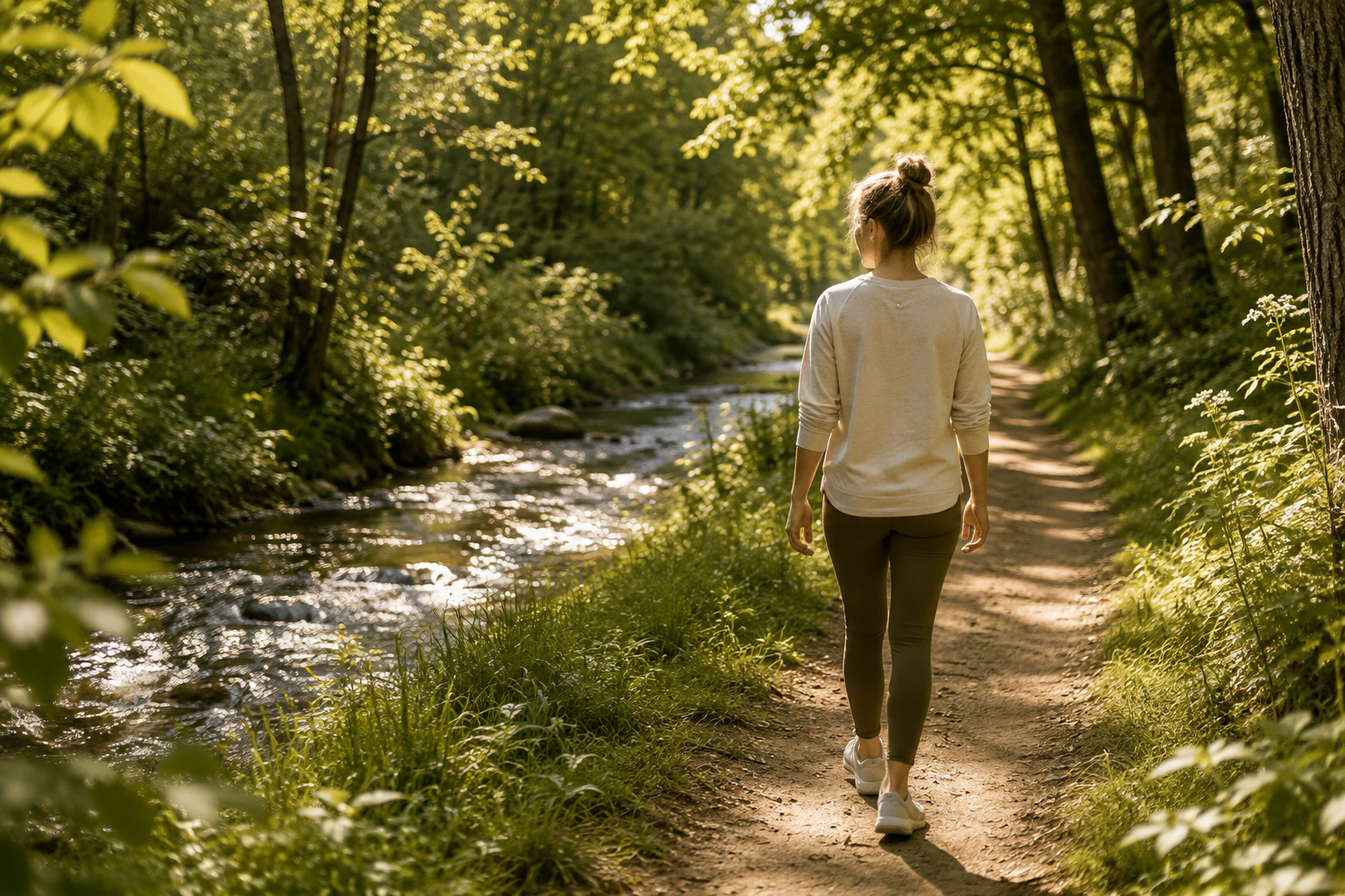 A woman walking along a dirt trail beside a creek in a forest on a sunny day.