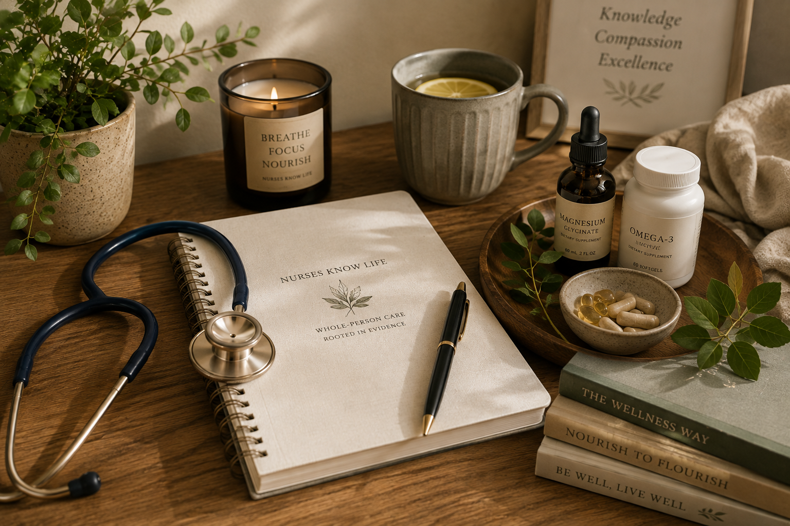 A wooden desk with a stethoscope, a notebook titled 'Nurses Know Life,' a pen, a lit candle, a potted plant, a cup of tea with lemon, herbal supplements, a dropper bottle labeled Magnesium Glynate, a bottle of Omega-3 capsules, and a stack of books about wellness and healthcare.
