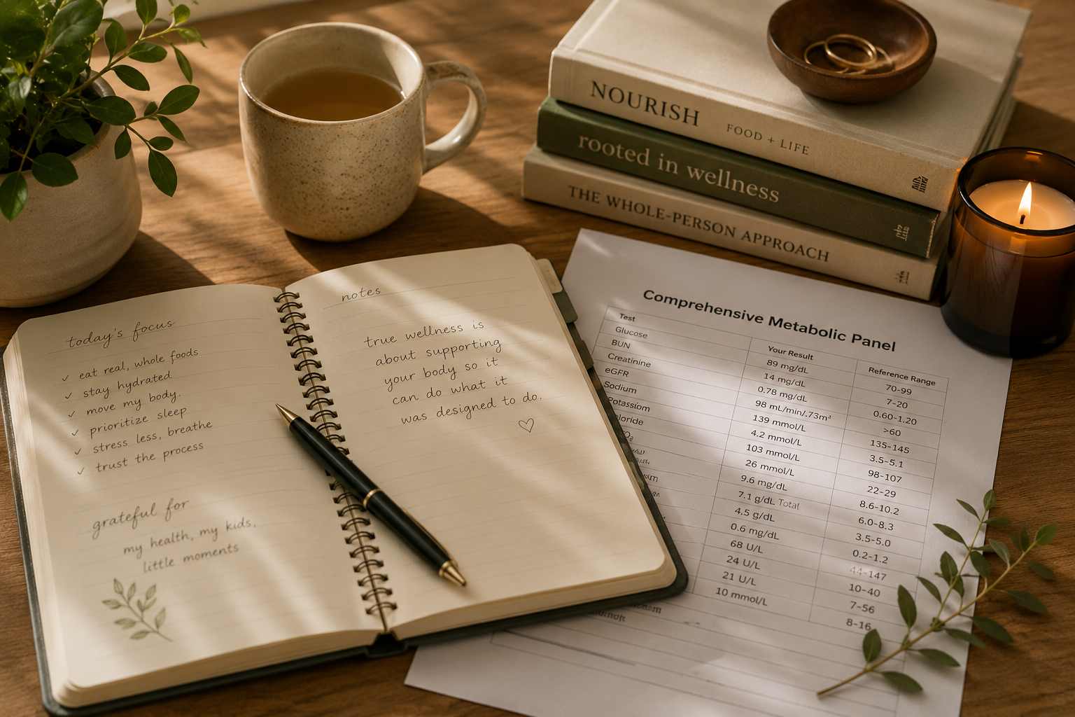 Open notebook with handwritten notes on wellness and health, a pen, a clipboard with a metabolic panel report, a mug of tea, a lit candle, a stack of wellness books, a plant, and some rings on a wooden desk.