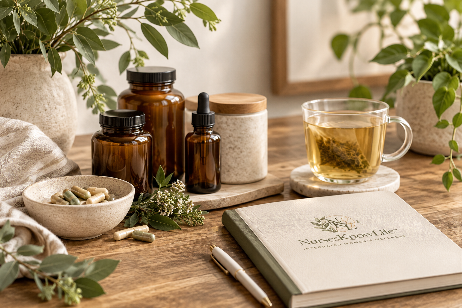 A wooden table with herbal supplements, bottles, a notebook labeled 'NurseKnowLife,' a cup of herbal tea, and plants in the background.