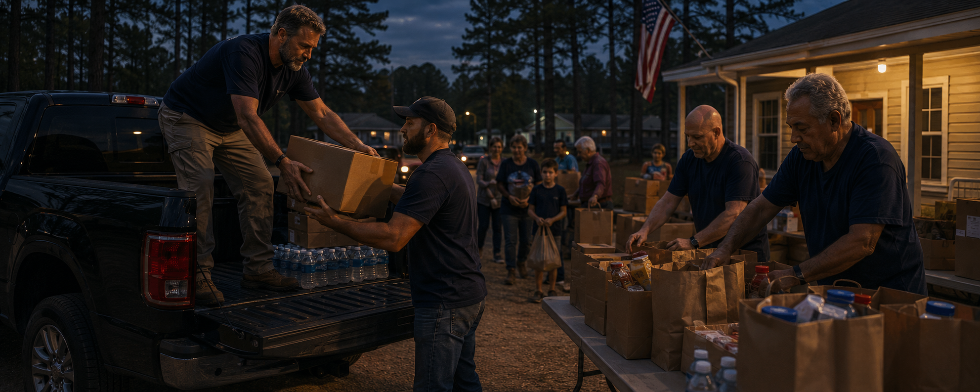 People volunteer to distribute food and supplies during an evening outdoor event with a house and trees in the background.