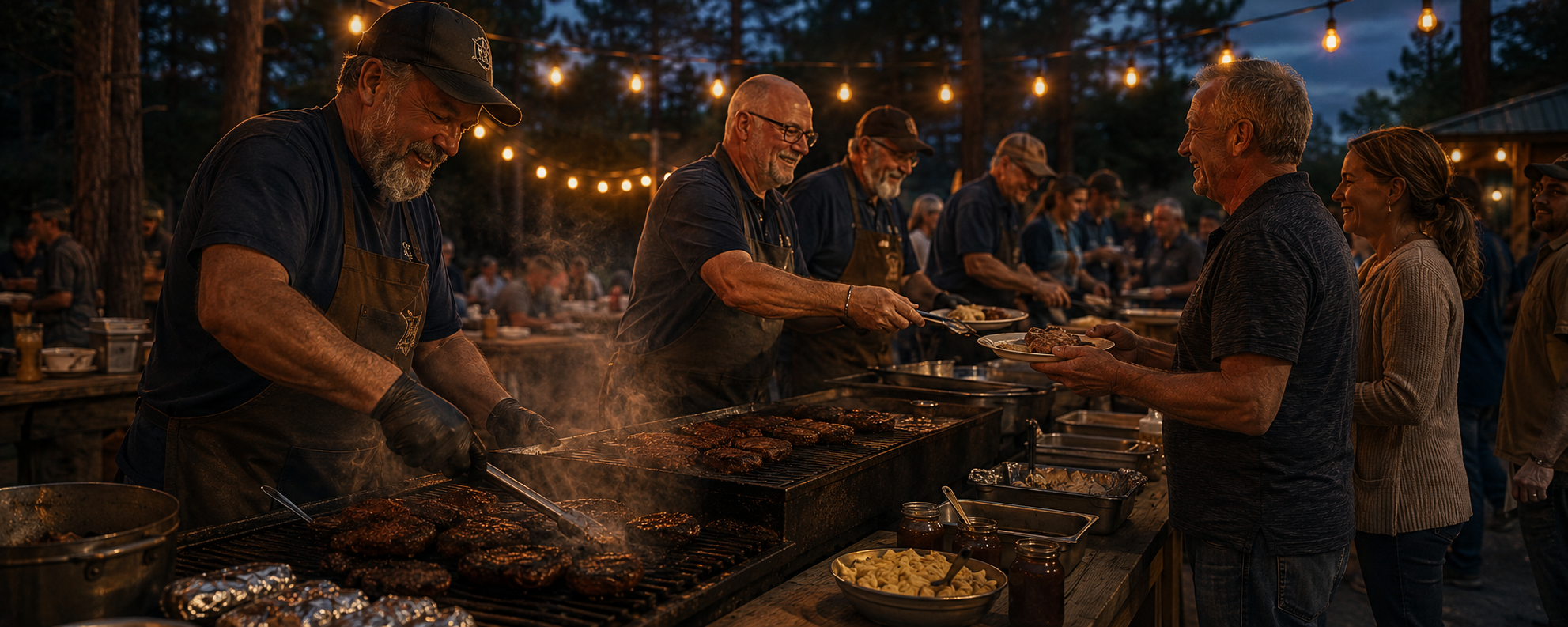 A group of people at an outdoor evening barbecue, with chefs grilling steaks and serving food to guests under string lights in a wooded setting.
