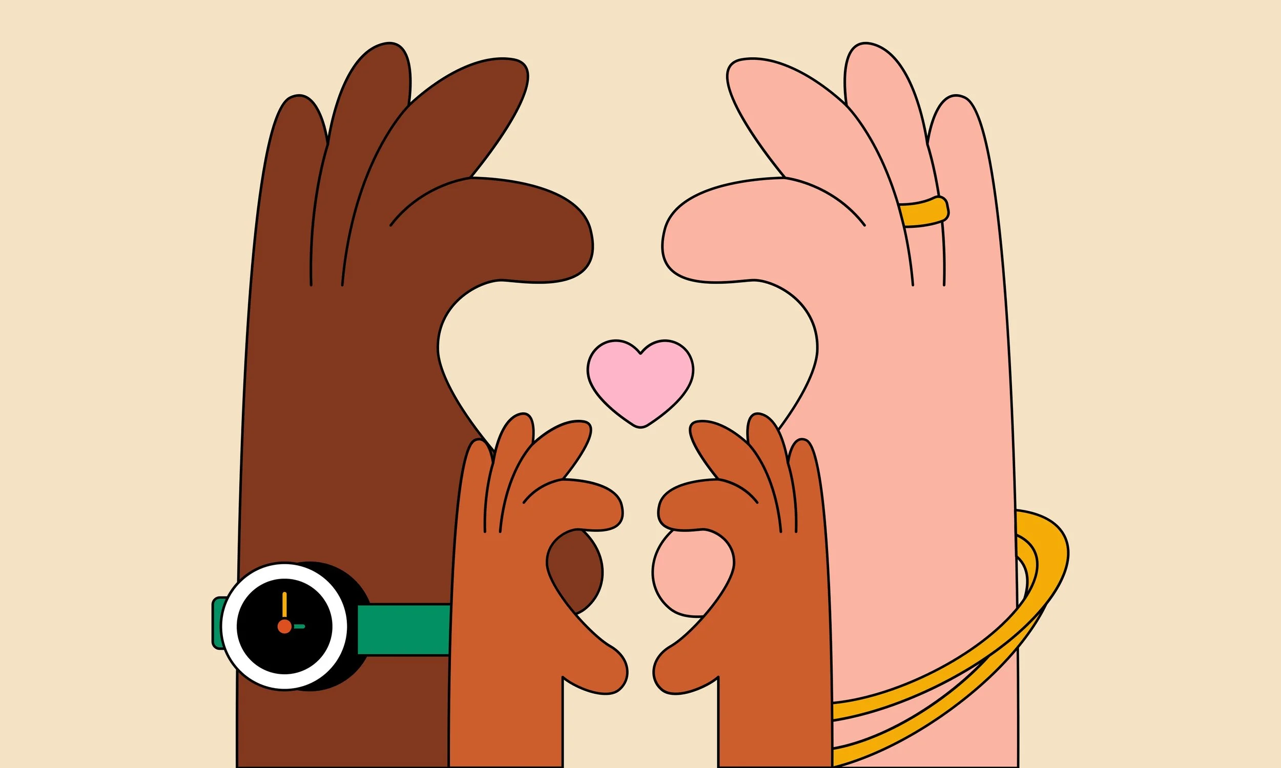Illustration of four hands of different skin tones forming a heart shape, with a pink heart in the center and other objects like a watch and a ring around.