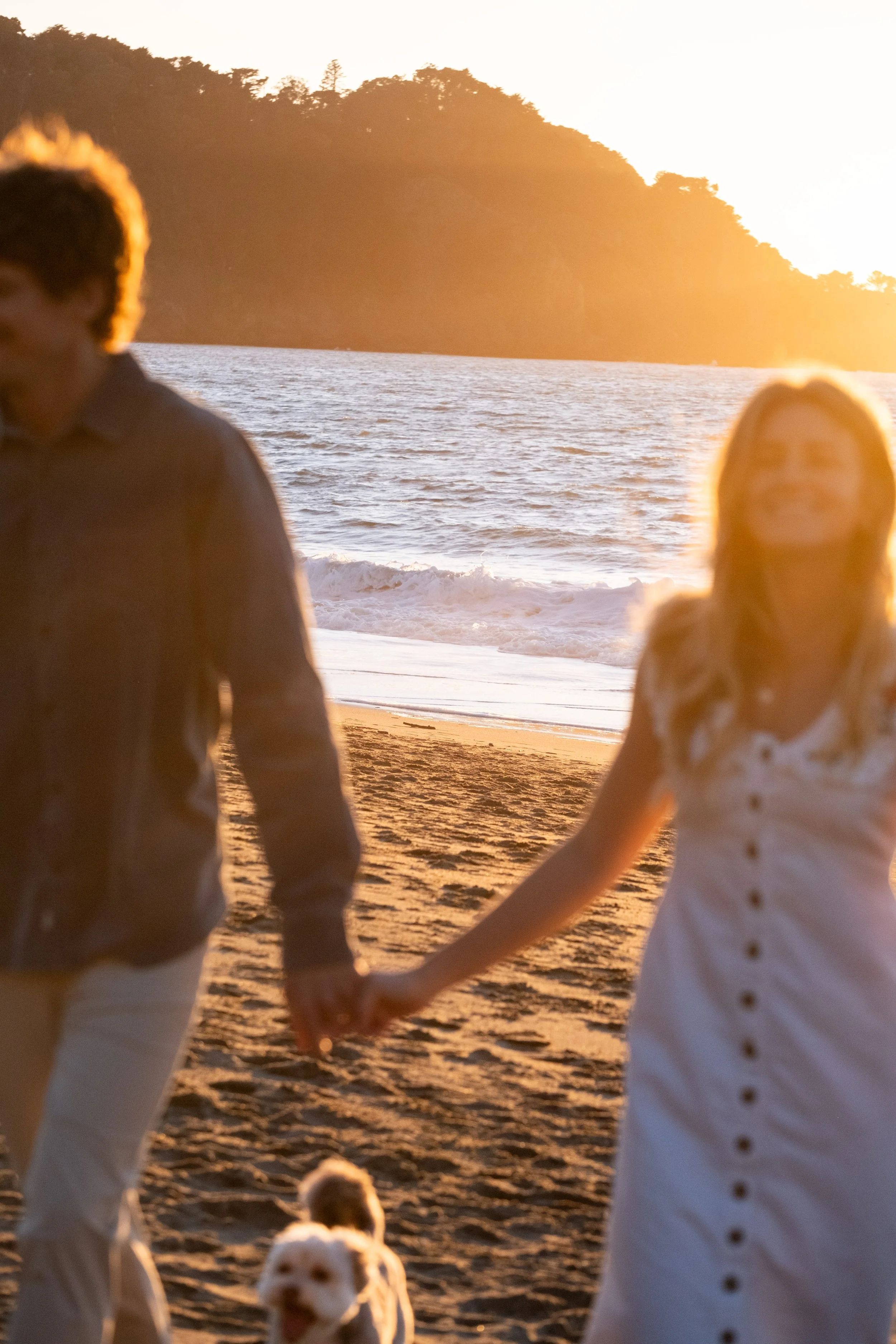 A couple holding hands walking on a sandy beach at sunset, during a couple's photoshoot with their dog on a beach in San Francisco.