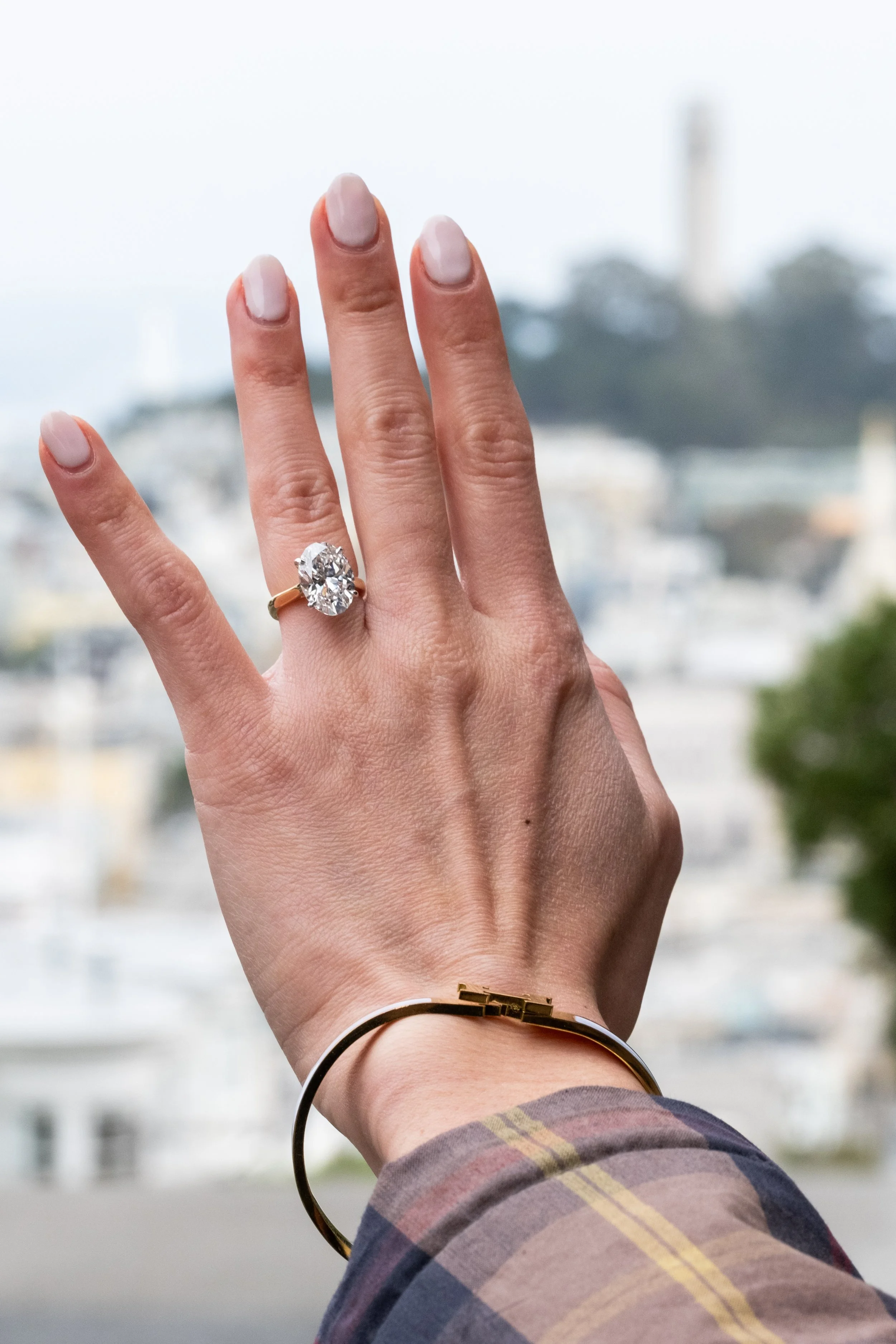 A person's left hand raised with fingers close together, showing a diamond engagement ring on the ring finger. The person is wearing a checked shirt and various jewelry, with a blurred outdoor background, during a proposal photoshoot.