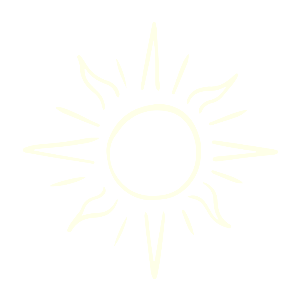Stylized white sun with wavy rays on a black background.