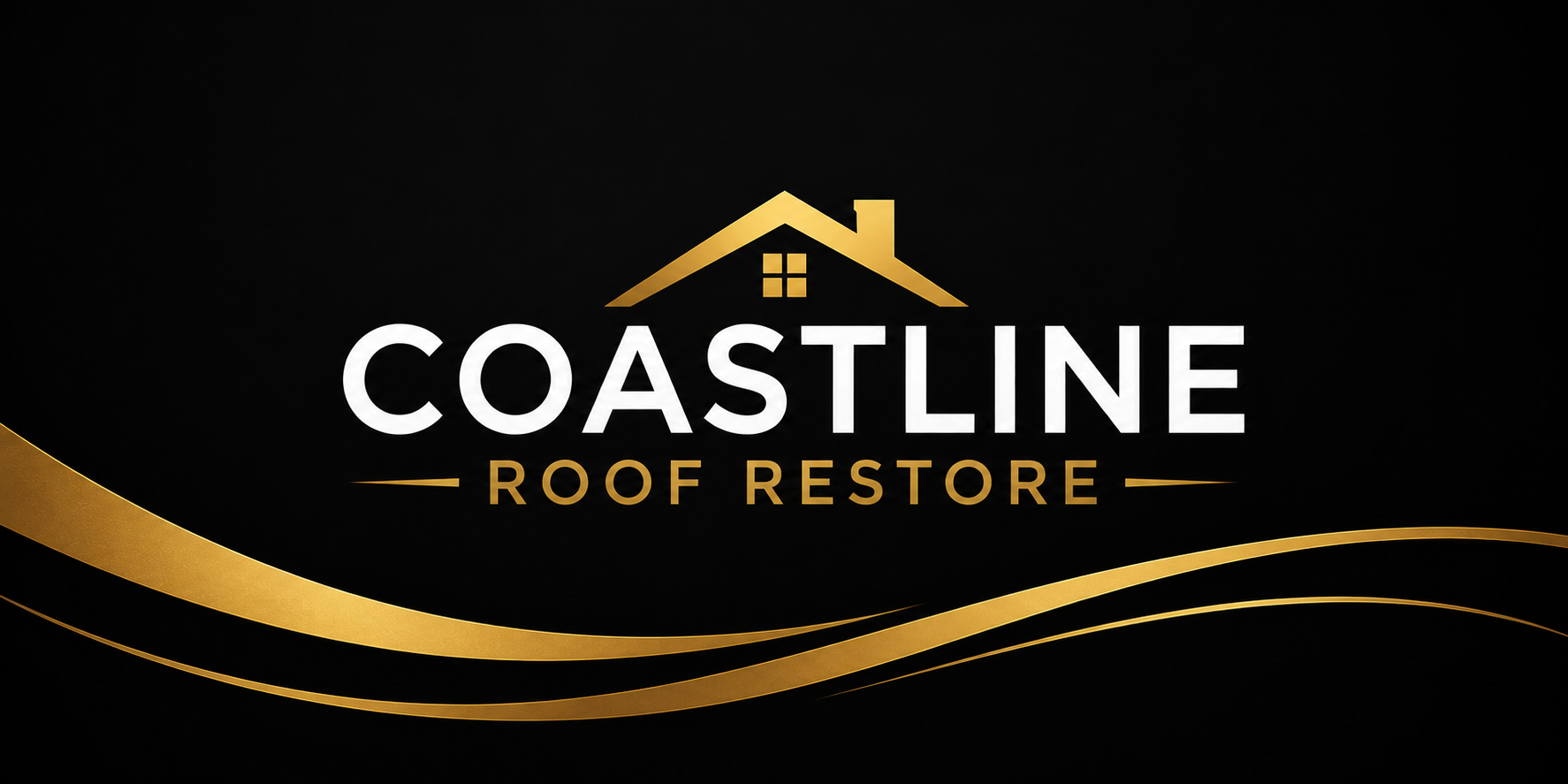 A black background featuring the logo and name of Coastline Roof Restore, with a gold outline of a house roof above the text and gold waves below.