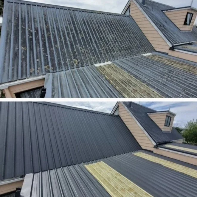 Before and after images of a roof, showing it cleaned and replaced with new metal roofing.