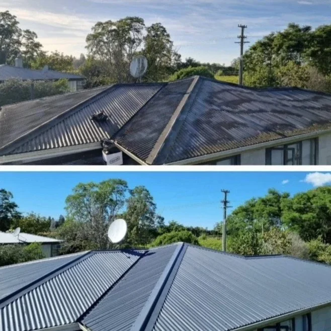 Comparison of a roof before and after being cleaned, with the top showing a dirty, stained roof and the bottom showing a clean, shiny roof.