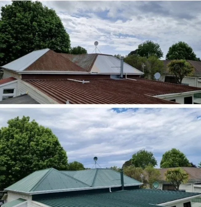 Comparison of a house roof before and after painting: top image shows an old, rust-colored metal roof; bottom image shows the same roof painted in green.
