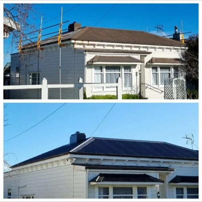 Before and after roof restoration on a white residential home