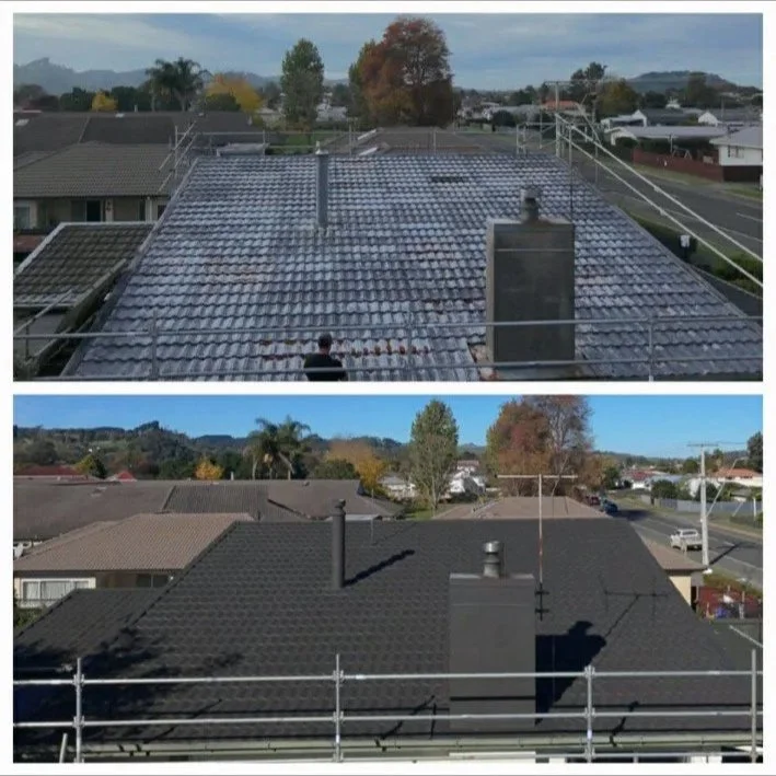 Side-by-side comparison of a house roof before and after cleaning and remodeling, showing a stained, weathered roof in the top image and a clean, newly remodeled roof in the bottom image.