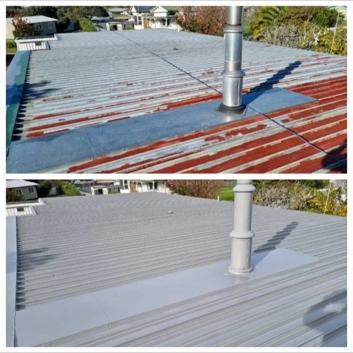 Comparison of a metal roof before and after cleaning and restoration, showing a significant reduction in rust and dirt.