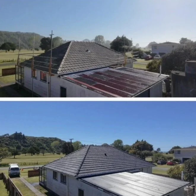 Comparison of two images showing the same house with different roof conditions. The first image shows the house with a rusty, weathered roof, while the second image shows the same house with a clean, new roof after renovation.
