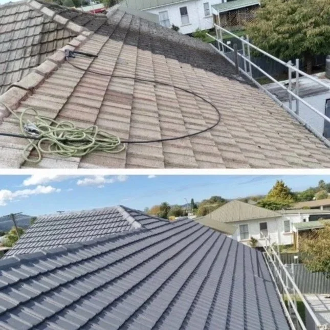 Comparison photo showing a residential roof before and after . Showing the restored roof finish.