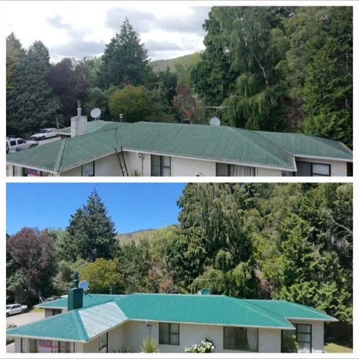 Comparison of two houses with similar roof shapes. The top house has a green roof, while the bottom house has a teal roof. Both are surrounded by trees and greenery.