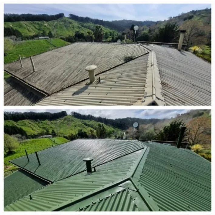 Comparison of a roof before and after being painted green, showing a blue sky and green hills in the background.