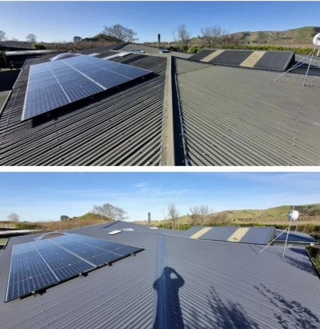 Before and after roof restoration showing a metal roof with solar panels.