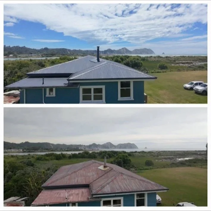 Two side-by-side views of a blue house with a gray metal roof, surrounded by mountainous landscape and a cloudy sky.