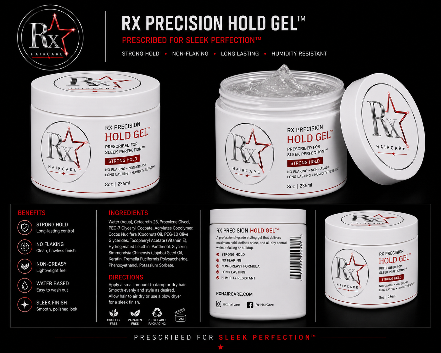 Packaging of RX Precision Hold Gel hair styling product, including containers with gel and label details.