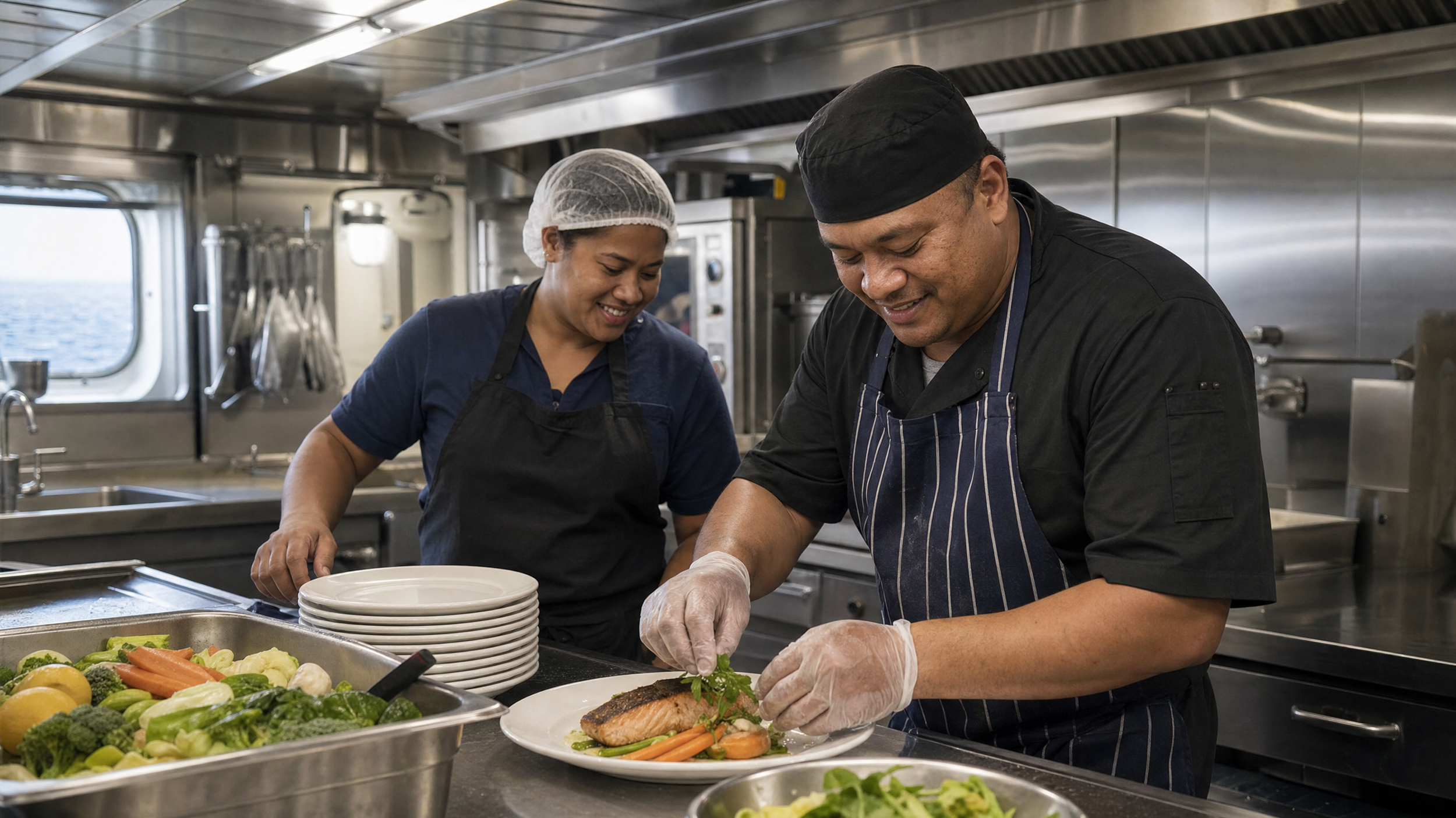 Two chefs in a commercial kitchen preparing a plated dish, with a variety of vegetables in the foreground and stainless steel kitchen equipment in the background.